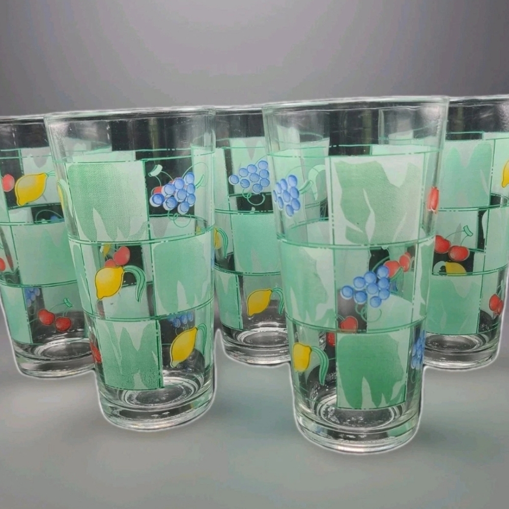 Aqua Drinking Glasses Tumblers Cherry Lemon Grapes Fruit Set 5 MCM Farmhouse